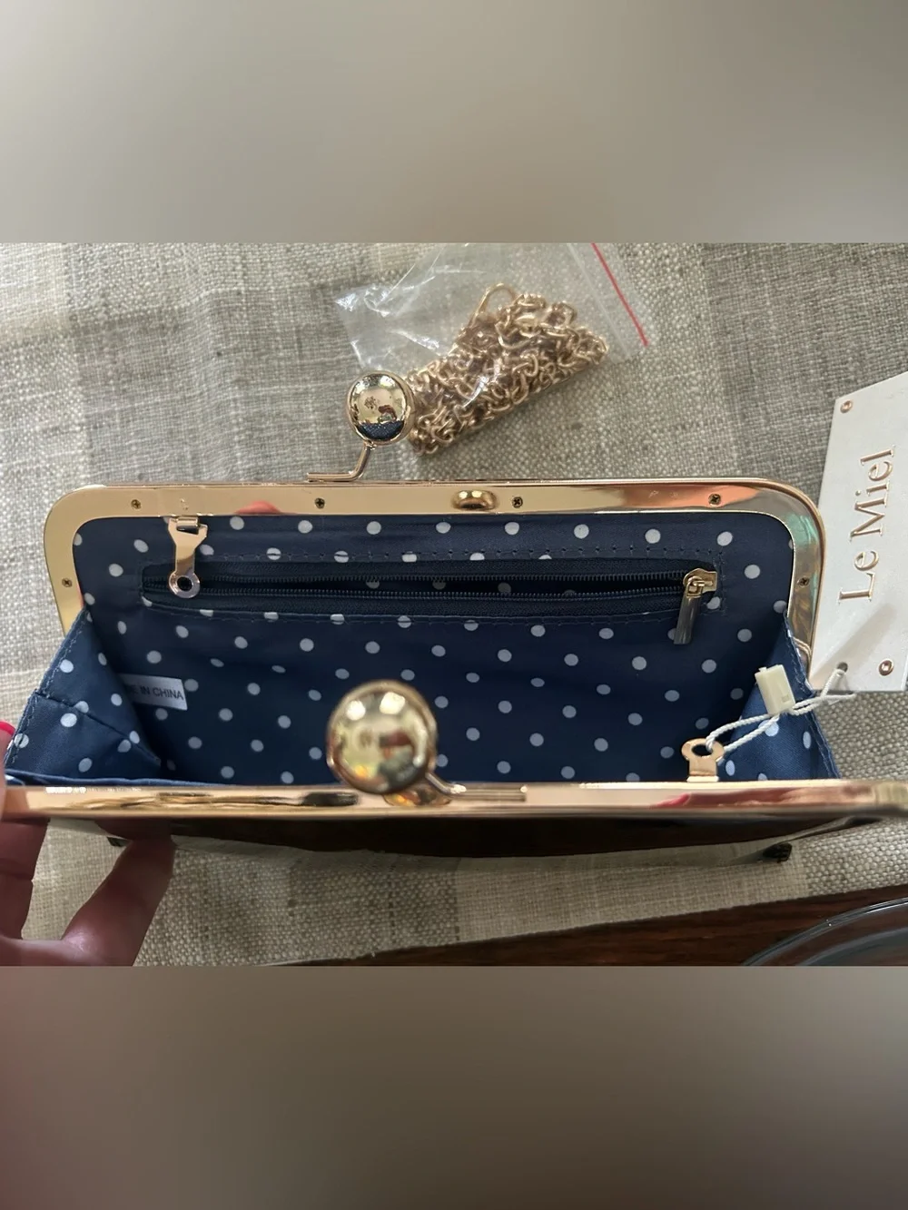 Le Miel Black Patent Clutch Purse with Gold Trim Removable Gold Chain Strap